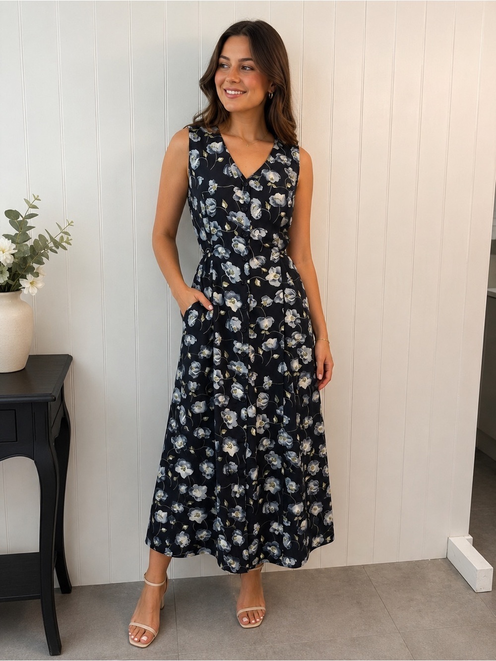 Vintage Floral Button Front Maxi Dress Cottagecore Feminine  Butter Mom